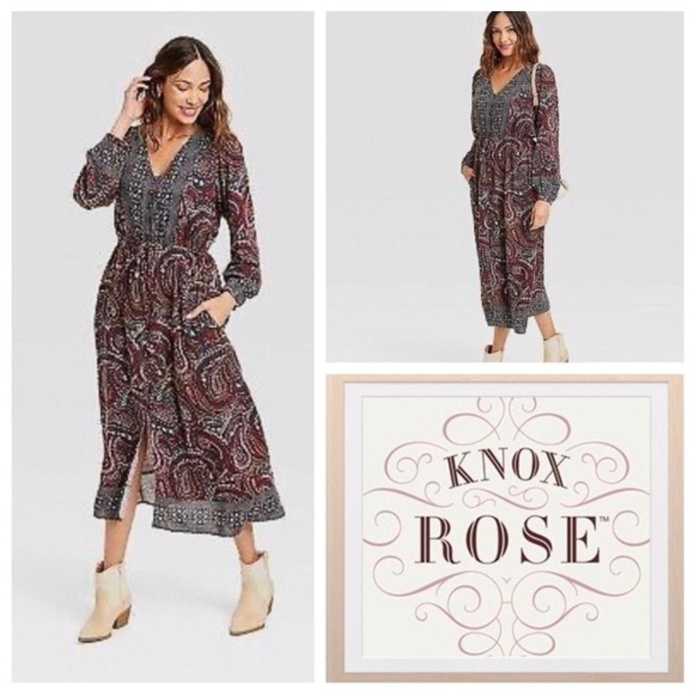 Knox Rose Paisley Boho V-Neck Drawstring Midi Dress Burgundy Navy L/XL Women